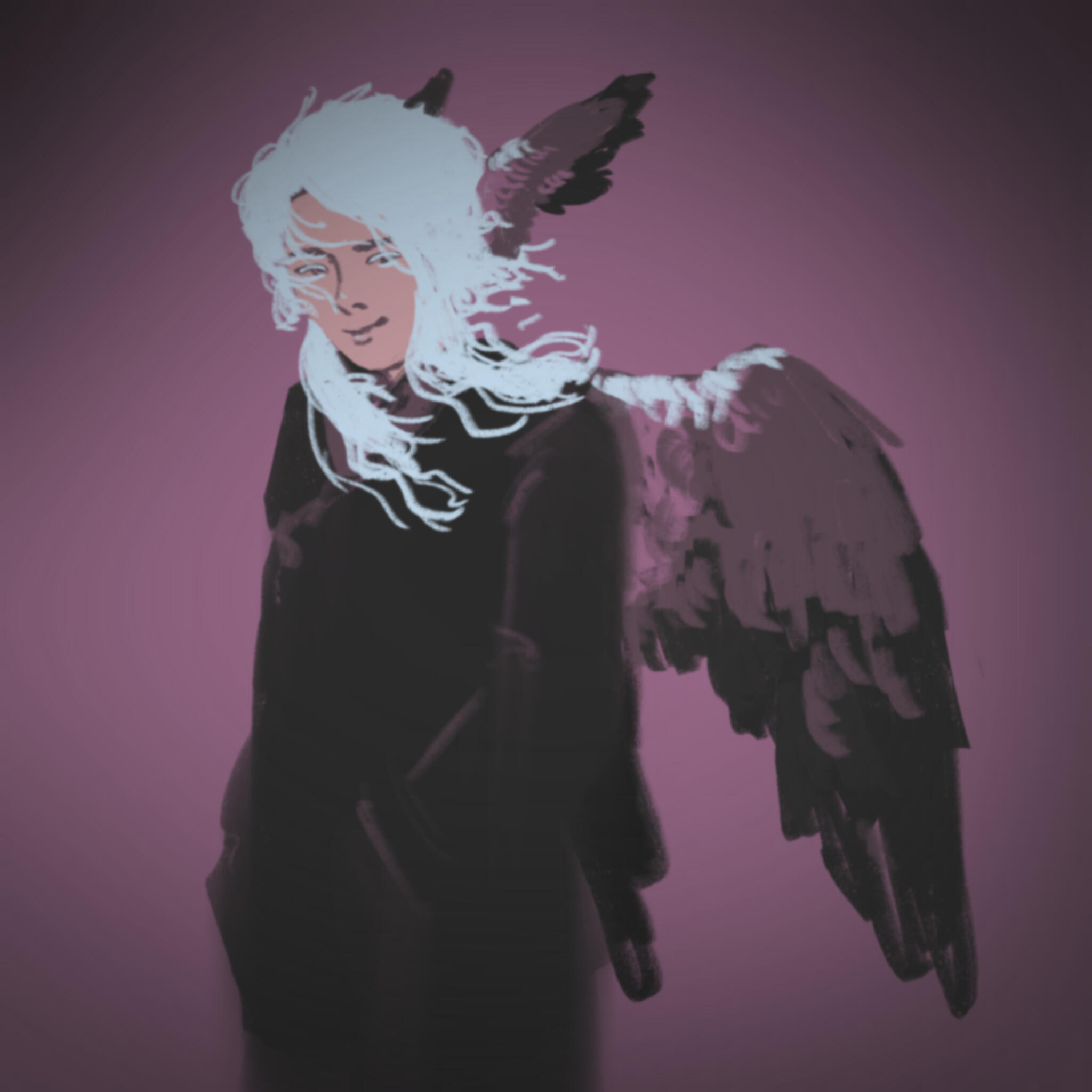 A drawing of a man with his hands in his pockets and hair blowing in the wind. He has angel wings. The color palette is limited to dusty pink, a light pinkish-brown, white, peach, and a dark grey.