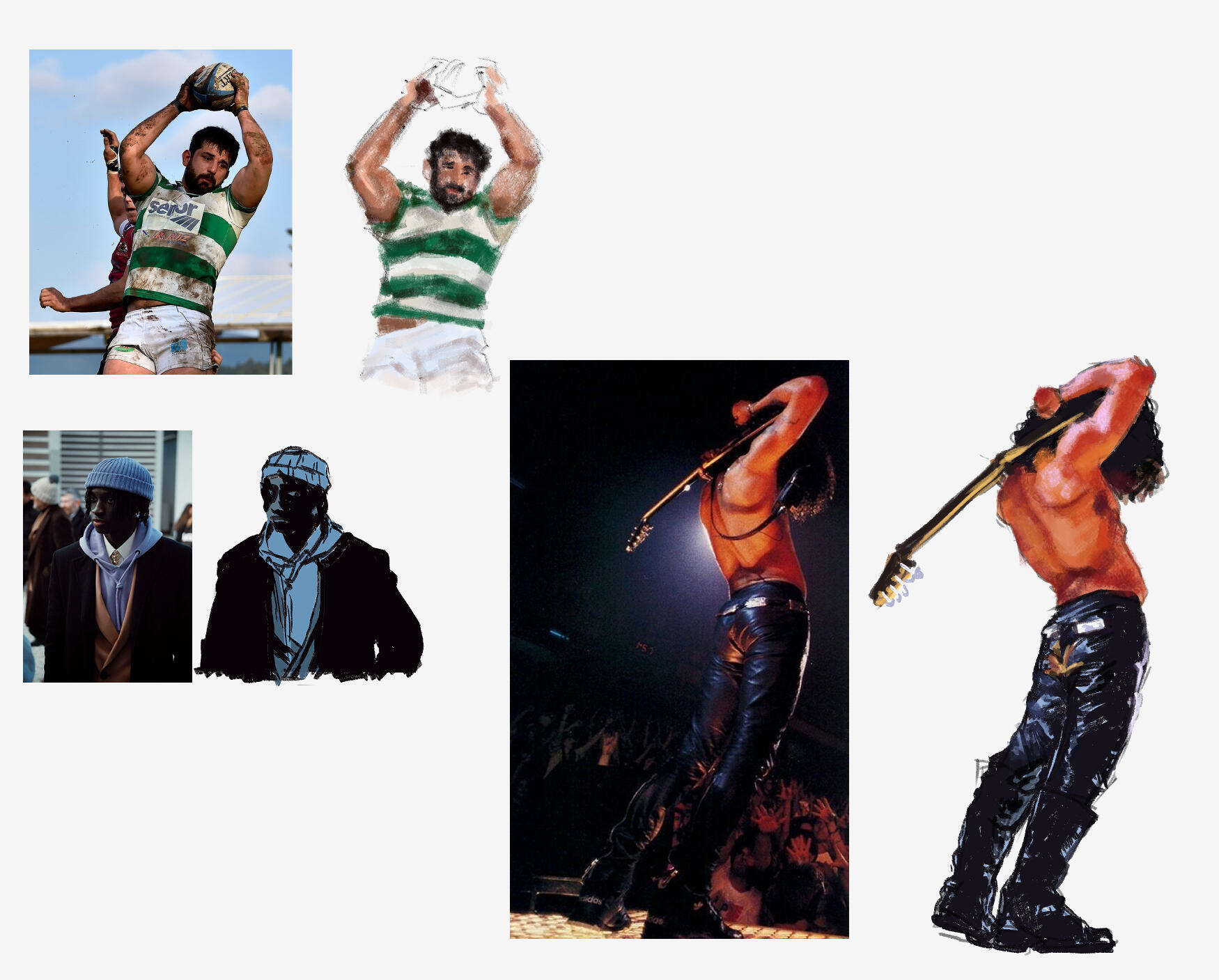Three stylization and color studies. The first is of a rugby player in a green and white striped jersey and white shorts. The second is a dark-skinned Black man wearing a beanie with a blazer on over a blue sweatshirt. The third is a concert photo of Slash