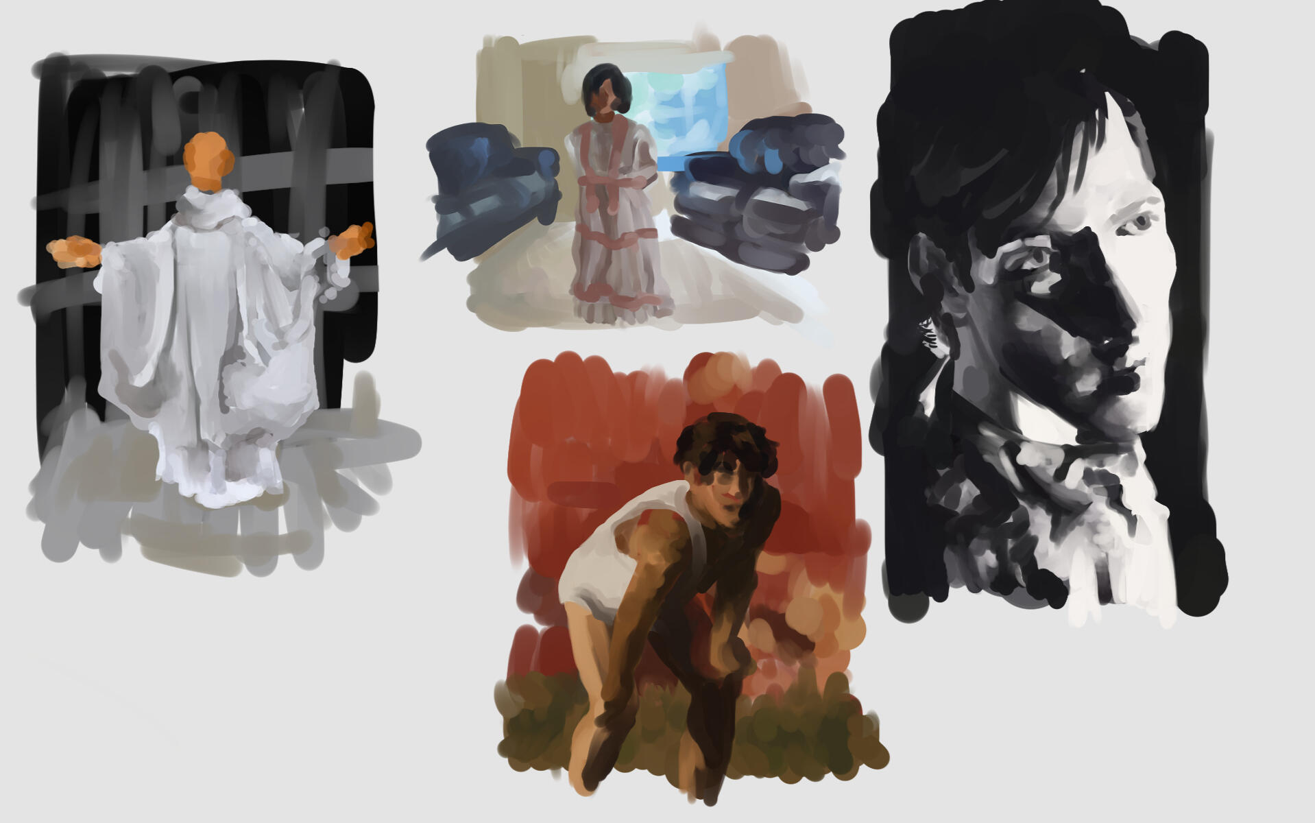 Four roughly painted color studies.