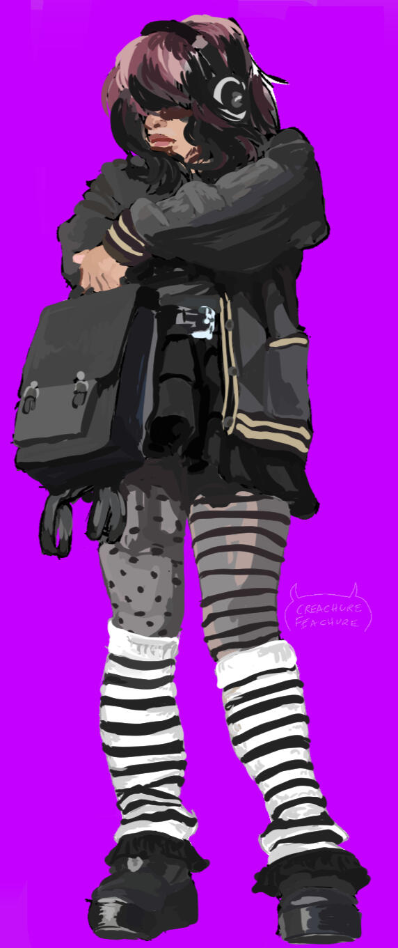 A man wearing a multicolored wig, a black, grey, and yellow bomber jacket, a black skirt, mismatched tights, striped leg warmers, and platform shoes. He also has a dark grey backpack.