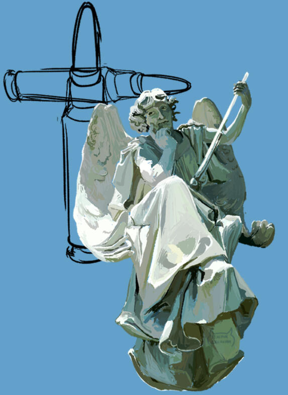 A rough digitally painted study of a cemetery angel with the added element of a shotgun in place of a trumpet.