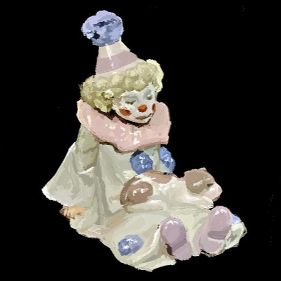A digital painting of a porcelain clown figurine with a dog on its lap.